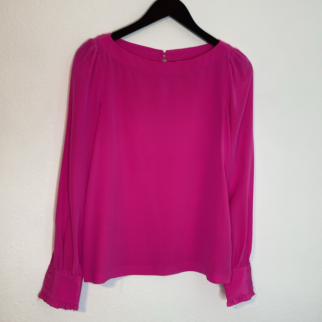 Kate Spade 100% Silk Pink Blouse With Ruffle Trim Sleeves Keyhole Back, Size 4